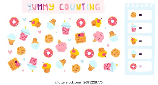 Niños contando mini juego con dulces lindos. Kawaii juego de comida para niños.
