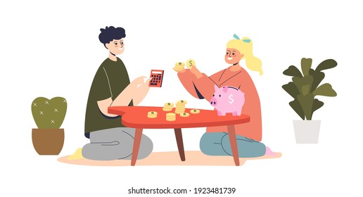 Kids counting money: small boy and girl with savings learning how to plan budget. Teach your child to save money concept. Cartoon flat vector illustration