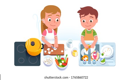 Kids couple cooking meal & doing dishes on kitchen counter with sink & stove. Boy washing up plate, girl cook cutting mushrooms. Children doing home household chores together. Flat vector illustration
