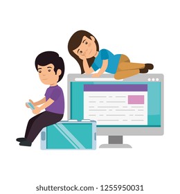 kids couple with desktop and computer
