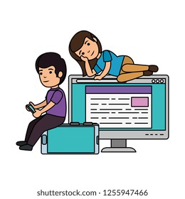 kids couple with desktop and smartphone