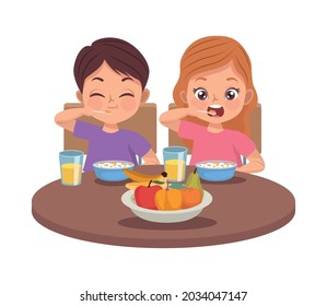 kids couple eating breakfast characters