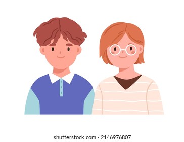 Kids couple, face portrait. Happy girl in glasses and boy, sister and brother. Two smiling cute school children.Elementary students, classmates. Flat vector illustration isolated on white background