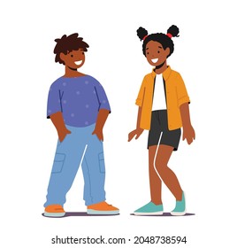 Kids Couple Kindergarten or Preteen Ages Little Boy and Girl Happily Smiling Together Isolated on White Background. Cute African Children Male and Female Characters. Cartoon People Vector Illustration