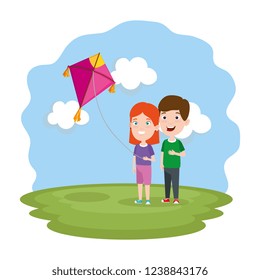kids couple with kite flying in the field