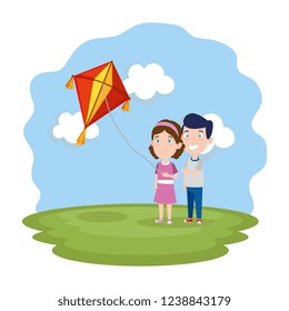 kids couple with kite flying in the field