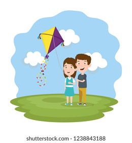 kids couple with kite flying in the field