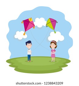 kids couple with kite flying in the field