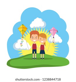 kids couple with kite flying in the field