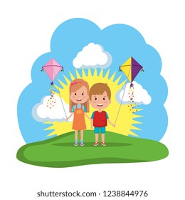 kids couple with kite flying in the field
