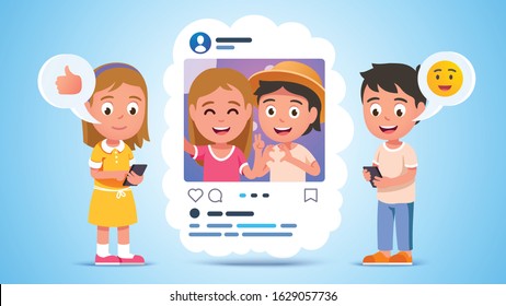 Kids Couple Posting, Commenting & Chatting Using Emoticons On Shared Photo Memory On A Social Network Page Or Messaging App Using Cell Phones. Communication Concept. Flat Vector Character Illustration