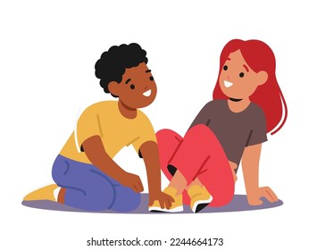 Kids Couple of Preteen Ages Little Boy and Girl Sitting on Floor Happily Smiling Together Isolated on White Background. Cute Children Male and Female Characters. Cartoon People Vector Illustration