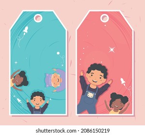 kids couple in tags hanging