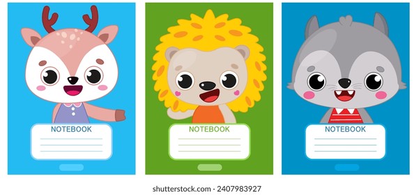 Kids cover notebook. Workbook. Kids notebook or exercise book cover vector template with animal. Lern gramma ruls background. Kids. Animals.