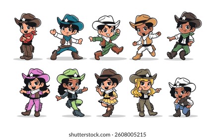 Kids cowboy character vector illustration set