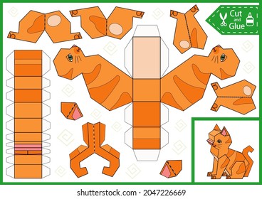 Kids Craft 3d Paper Game. Cut And Glue A Cat. Activity Page And Worksheet For Children. Cutout Cartoon Toy Cartoon Animal Puzzle. Vector Illustration.