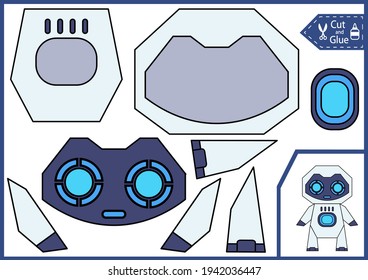 Kids craft activity page. Cut and glue the paper a cute robot. Simple easy applique. Worksheet with education riddle. Children art game. Birthday party decoration. Vector illustration.