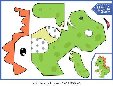 Kids craft activity page. Cut and glue the paper a cute dinosaur. Children art game. Simple easy applique. Worksheet with education riddle. Birthday party decoration. Vector illustration.