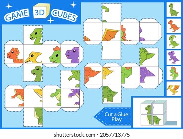 Kids craft cut and glue paper kids game. Children puzzle with dinosaurs. Activity page and worksheet for children. Cutout cartoon brick toy cartoon animal puzzle. Vector illustration.