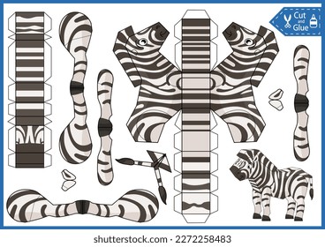 Kids craft game. Activity education page cut and glue paper 3d zebra. Printable papercraft template. DIY animal birthday décor.