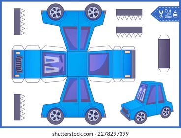 Kids craft game. Activity education page cut and glue paper 3d cute cartoon car. Printable papercraft template. DIY transport, vehicle, automobile birthday décor.