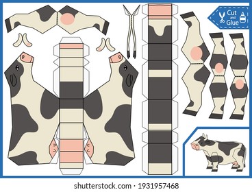 Kids craft game. Cut and glue 3d paper cow. Children worksheet. Activity page. Cute animal character. Isometry vector illustration.