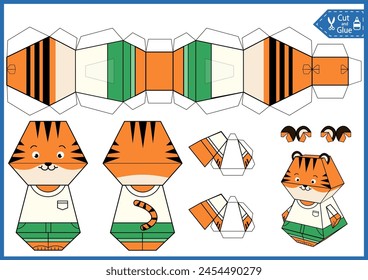 Kids craft game cut and glue 3d tiger. Children printable papercraft toys. Education activity paper puppets. DIY 3d polygonal cute animals.