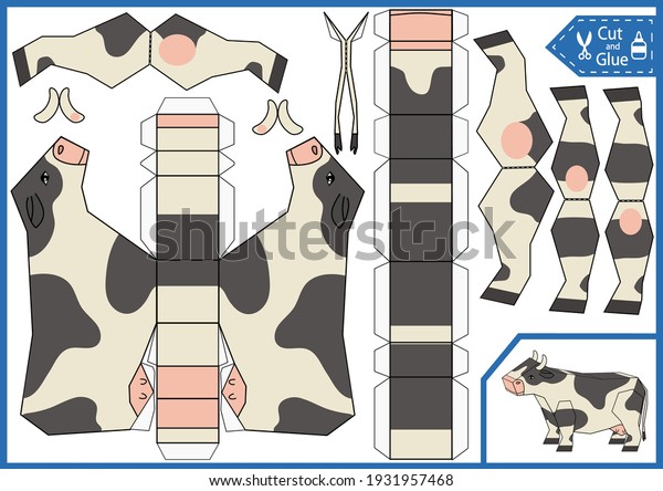Kids craft game. Cut and glue 3d paper cow.\
Children worksheet. Activity page. Cute animal character. Isometry\
vector illustration.