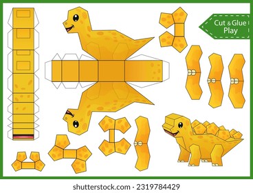 Kids craft game template. Create to cut and glue a paper 3d dinosaur. DIY papercraft cutout puzzle toys. Activity worksheet for children. Vector printable education game. Birthday decor. 