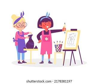 Kids craft lessons concept with children perform creative work and art, flat vector illustration isolated on white background. Art and craft education for children.