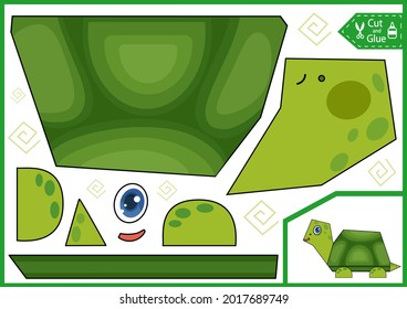 Kids craft paper game. Cut and glue simply puzzle with turtle. Worksheet and activity page for children. Cutout cartoon toy animal. Vector illustration.