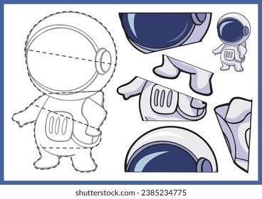 Kids craft paper puzzle game. Cut and glue simply parts of drawing. Worksheet and activity page for children. Worksheet сutout cartoon astronaut. Vector illustration. 