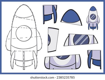 Kids craft paper puzzle game. Cut and glue simply parts of drawing. Worksheet and activity page for children. Worksheet papercraft cartoon rocket. Vector illustration. 