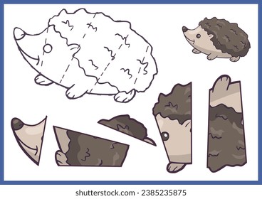 Kids craft puzzle game. Cut and glue simply paper parts drawing of hedgehog. Worksheet and activity page for children. Worksheet papercraft cartoon animal. Vector illustration. 