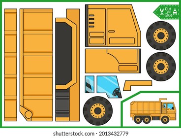 Kids craft puzzle with truck. Cut and glue activity page. Worksheet with a paper construction vehicle. 