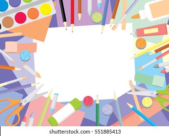 Kids craft supplies background. Education and enjoyment concept. Art workshop for kids top view background. Flat vector illustration