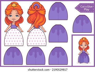 Kids craft template 3d a paper doll princess. Ornament for birthday party. DIY papercraft project. Worksheet for and activity page. Education children game. Vector illustration.