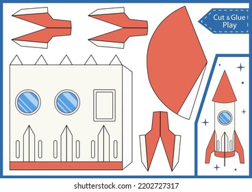 Kids craft template 3d a paper rocket. Ornament for birthday party with spaceship. DIY papercraft project. Worksheet for and activity page. Education children game. Vector illustration.