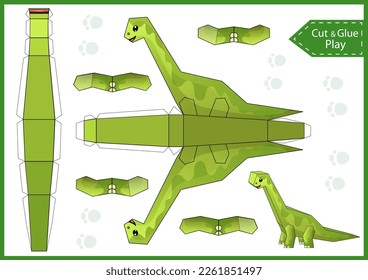 Kids craft template. Create to cut and glue a paper 3d dinosaur. DIY papercraft cutout puzzle toys. Activity worksheet for children. Vector printable education game. Birthday decor. 