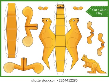 Kids craft template. Create to cut and glue paper animals. Cutout 3d puzzle of kangaroo. DIY papercraft toys. Activity worksheet for children. Vector printable education game. Birthday decor. 