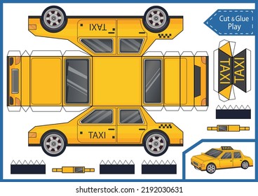 Plantilla de arte infantil. Cortar y pegar el coche de taxi de papel. Haz un modelo 3d de coche de juguetes. Página de actividad de vectores secundarios y hoja de cálculo para niños.