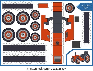 Kids craft template. Cut and glue paper tractor. Make 3d model of toys. Vector children activity page and worksheet for children.