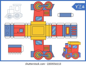 Kids craft template cut and glue 3d a paper train. Ornament for birthday party with spaceship. DIY papercraft project. Worksheet for and activity page. Education children game. 