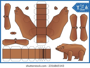 Kids craft template. Cut and glue a paper 3d bear. DIY papercraft cutout puzzle toys. Activity worksheet for children. Vector printable education game. Create to forest animal birthday decor. 