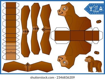 Kinderhandwerkliche Vorlage. Schneiden und Kleben Papier3d Tiere. DIY Papercraft Rätsel von Spielzeug Gorilla. Arbeitsblatt für Kinder. Vektorgrafik-Bildungsspiel. Die Gestaltung am Geburtstag. 