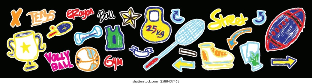 Kids crayon doodle sticker set, sport illustration in childish style. Kids vector hand drawn