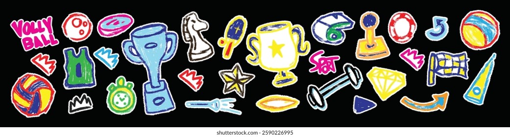 Kids crayon doodle sticker set, sport illustration in childish style. Kids vector hand drawn