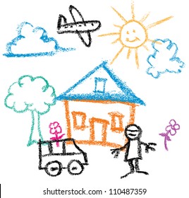 Kids Crayon Drawing of sunny day house and man and car