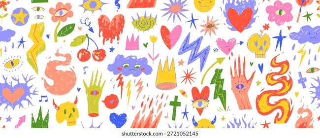 Kids crayon drawn seamless pattern. Punk and rock doodles seamless banner background. Music vibes, punk scribbles and youth y2k shapes. Festival pattern background with chalk or pencil texture shapes.