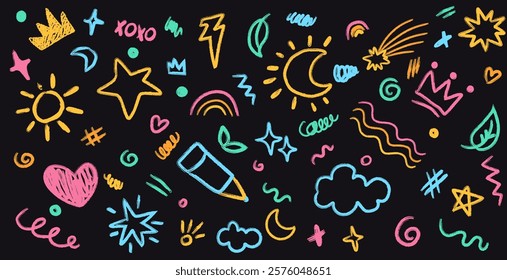 Kids crayon elements and figures in childish style. Colored chalk drawn funky doodles for children collage. Clouds, heart, leaf, rainbow, sun, crowns, and stars. Vector childish collection